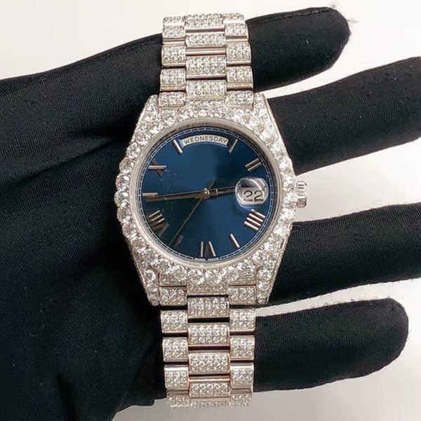 Factory wholesale Luxury Bling VVS Moissanite Iced out Stainless Steel Mechanical Watch