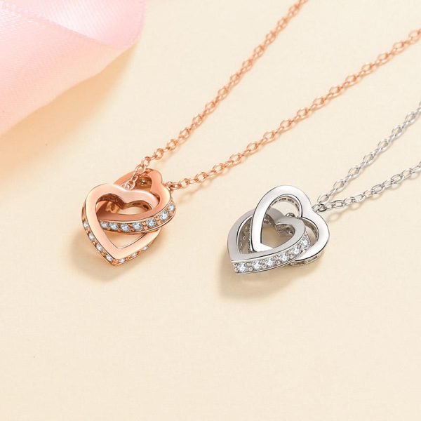 AZ365-X Sterling Silver Double Ring Love Necklace for Women Light Luxury Niche South Korea Clavicle Chain Diamond Pendant Gift to Girlfr - Image 5