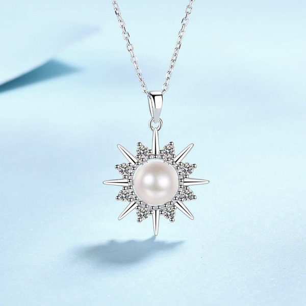 AZ792-X S925 Sterling Silver Necklace 8mm Pearl 0.3ct Moissanite Sunflower Pendant for Women - Image 5