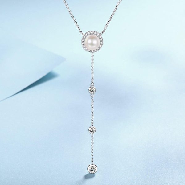 AZ793-X Full Moissanite Pendant Necklace for Women 925 Sterling Silver 8mm Natural Freshwater Pearl Long Tassel Chain Y Shaped Necklaces - Image 5