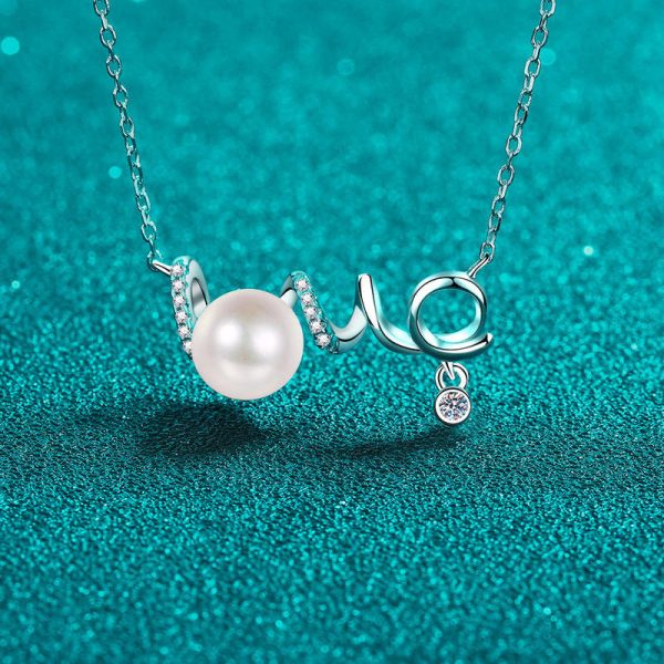 AZ882-X Luxury Cultured Freshwater Pearl Necklace for Women Anniversary Engagement 925 Silver Moissanite LOVE Pendant Jewelry Gifts - Image 5