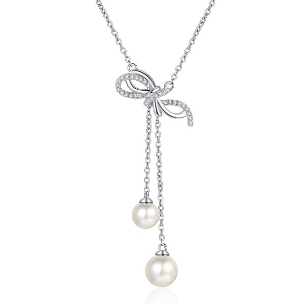 AZ885-X  Diamond Pt950 Platinum Pearl Necklace with Bow Tassel Pendant and Collar Chain for Neck and Chest