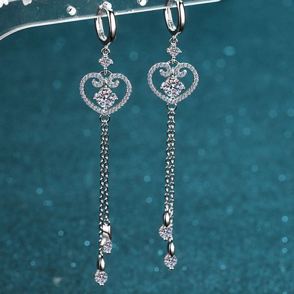 AZ121-E 925 Sterling Silver Heart Tassel Earrings 1 Carat Round Cut Moissanite Lab Diamond Drop Earrings Wedding Engagement Jewelry - Image 5