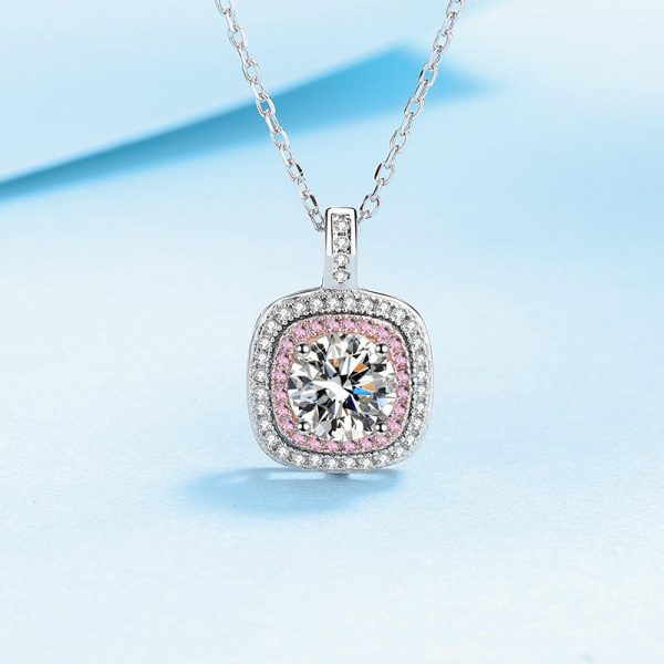 AZ407-X S925 Silver 1 Carat Moissanite Pink Square Bag Pendant Necklace for Women Light Luxury Fashion Must-Have Valentine's Day Gift - Image 5