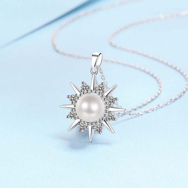 AZ792-X S925 Sterling Silver Necklace 8mm Pearl 0.3ct Moissanite Sunflower Pendant for Women - Image 4