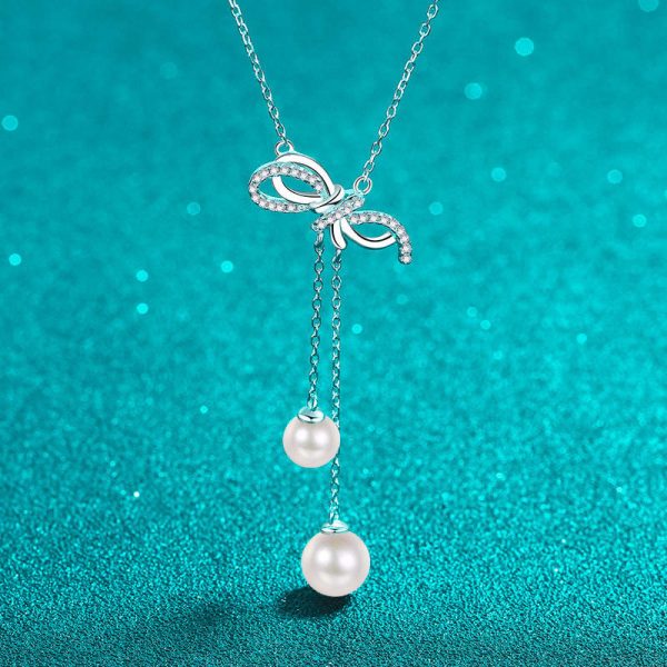 AZ885-X  Diamond Pt950 Platinum Pearl Necklace with Bow Tassel Pendant and Collar Chain for Neck and Chest - Image 5