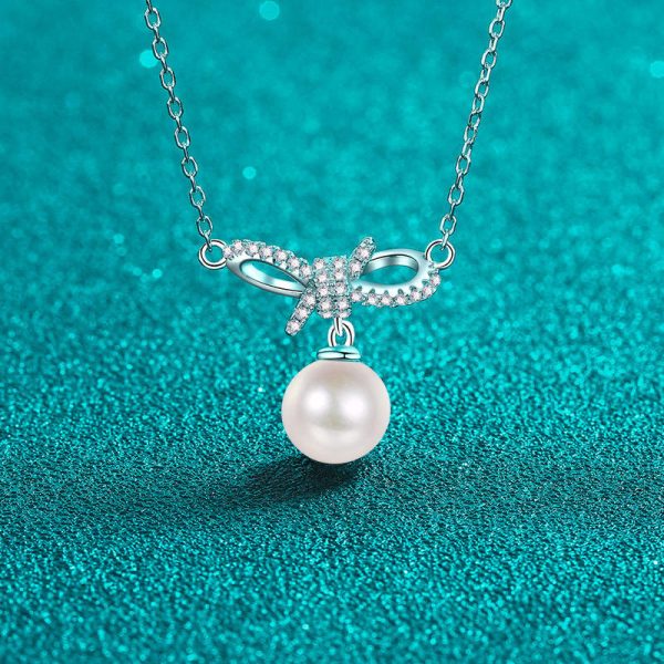 AZ890-X 18K Gold Moissanite Pearl Necklace Bow Sweet Pendant Cute Female Clavicle Chain Plated PT950 Platinum - Image 5