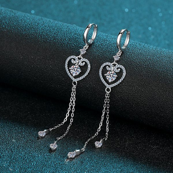 AZ121-E 925 Sterling Silver Heart Tassel Earrings 1 Carat Round Cut Moissanite Lab Diamond Drop Earrings Wedding Engagement Jewelry - Image 4