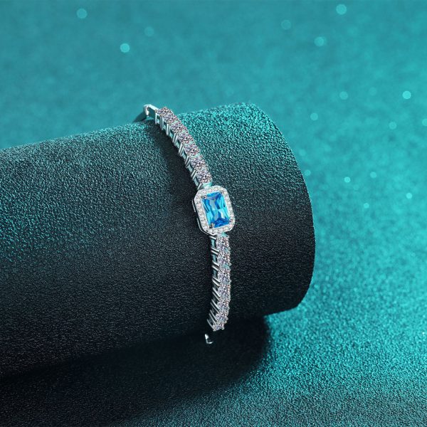 AZ986-S Exquisite PT950 Platinum Women's 2.4-carat rectangular chamfered edge row diamond blue color stone mossanite bracelet - Image 5