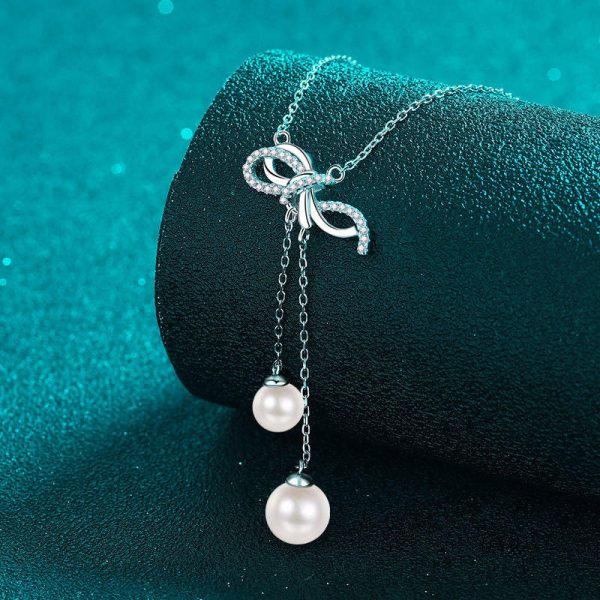 AZ885-X  Diamond Pt950 Platinum Pearl Necklace with Bow Tassel Pendant and Collar Chain for Neck and Chest - Image 4