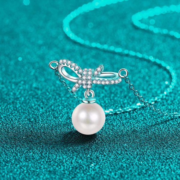 AZ890-X 18K Gold Moissanite Pearl Necklace Bow Sweet Pendant Cute Female Clavicle Chain Plated PT950 Platinum - Image 4