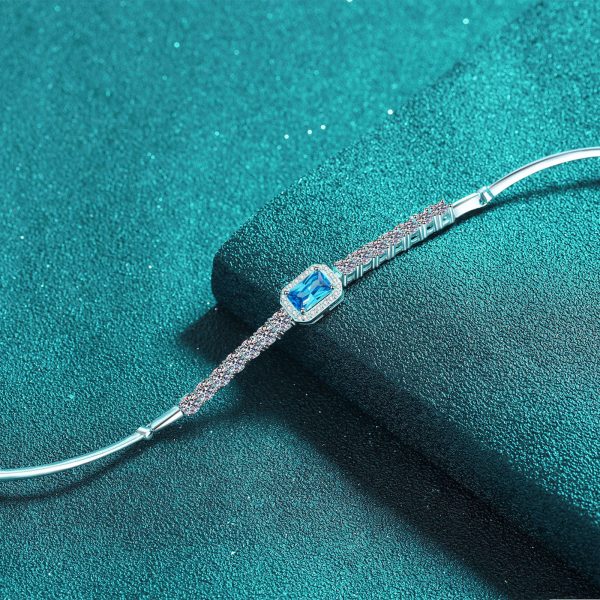 AZ986-S Exquisite PT950 Platinum Women's 2.4-carat rectangular chamfered edge row diamond blue color stone mossanite bracelet - Image 4