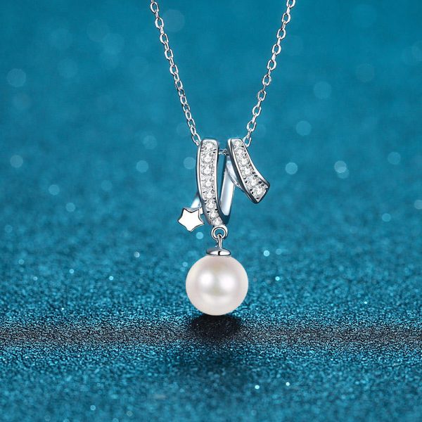 AZ507-X S925 Sterling Silver Clavicle Chain for Women Cross Design 8mm Flawless Pearl Moissaniter Women - Image 4