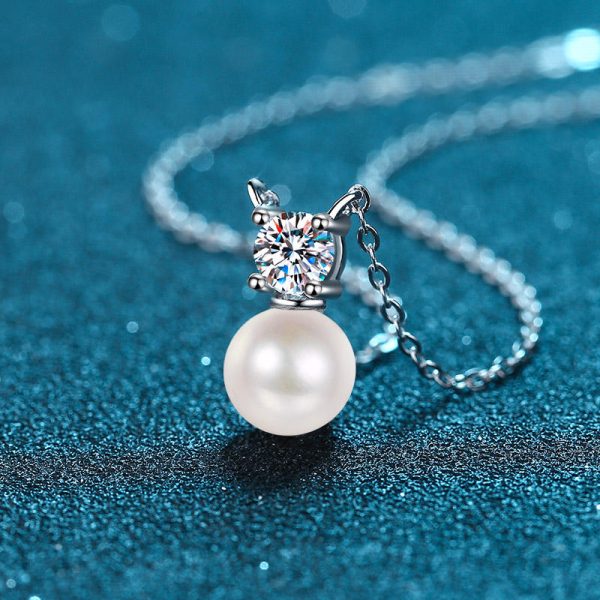AZ509-X Classic White Gold 18K Luxury 0.5 Carat Real Moissanite Diamond Necklace for Women Wedding 8mm Pearl Pendant Natural Freshwater - Image 4