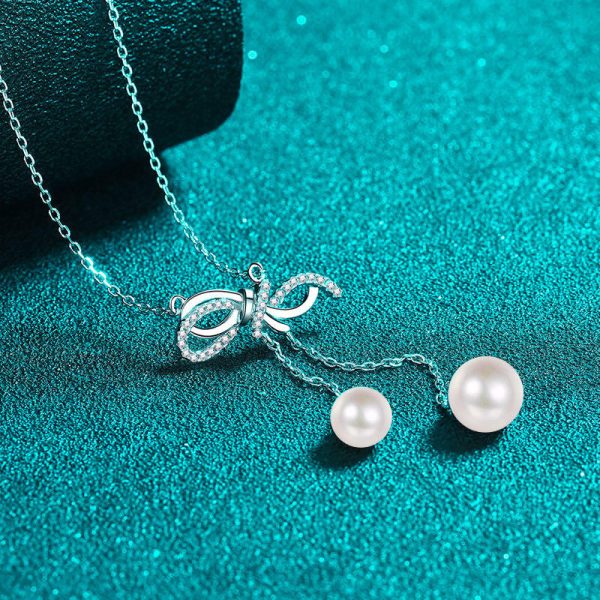 AZ885-X  Diamond Pt950 Platinum Pearl Necklace with Bow Tassel Pendant and Collar Chain for Neck and Chest - Image 3