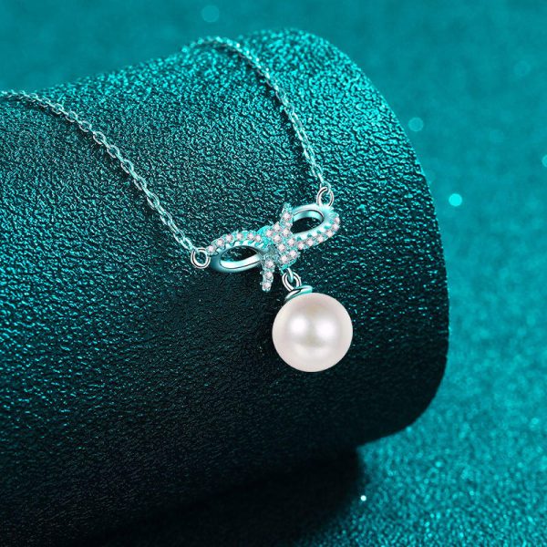 AZ890-X 18K Gold Moissanite Pearl Necklace Bow Sweet Pendant Cute Female Clavicle Chain Plated PT950 Platinum - Image 3