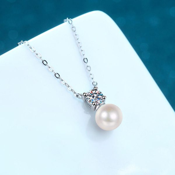 AZ509-X Classic White Gold 18K Luxury 0.5 Carat Real Moissanite Diamond Necklace for Women Wedding 8mm Pearl Pendant Natural Freshwater - Image 3