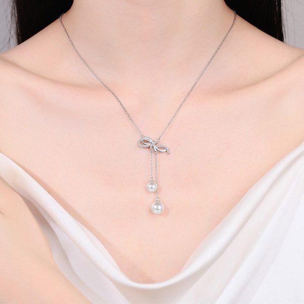AZ885-X  Diamond Pt950 Platinum Pearl Necklace with Bow Tassel Pendant and Collar Chain for Neck and Chest - Image 2