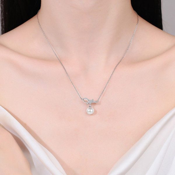 AZ890-X 18K Gold Moissanite Pearl Necklace Bow Sweet Pendant Cute Female Clavicle Chain Plated PT950 Platinum - Image 2