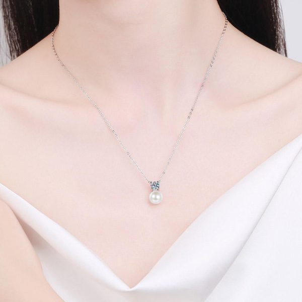 AZ509-X Classic White Gold 18K Luxury 0.5 Carat Real Moissanite Diamond Necklace for Women Wedding 8mm Pearl Pendant Natural Freshwater - Image 2