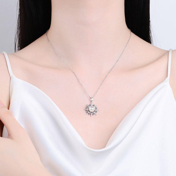 AZ792-X S925 Sterling Silver Necklace 8mm Pearl 0.3ct Moissanite Sunflower Pendant for Women - Image 2