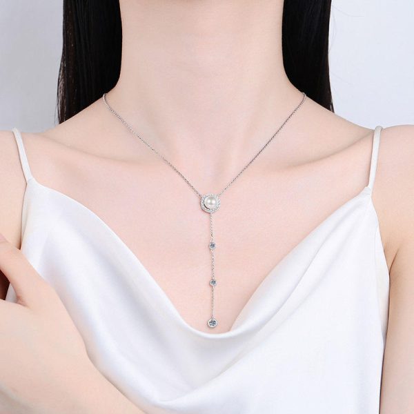 AZ793-X Full Moissanite Pendant Necklace for Women 925 Sterling Silver 8mm Natural Freshwater Pearl Long Tassel Chain Y Shaped Necklaces - Image 2