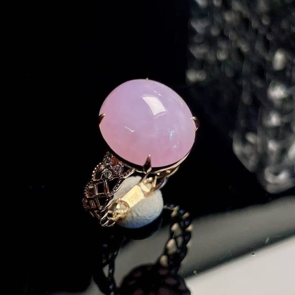 Violet Myanmar Jadeite Bead Rings Adjustable Ring Carved Gemstone Natural Burmese Jade Stone Charm Amulet Rose Gold Plated - Image 2