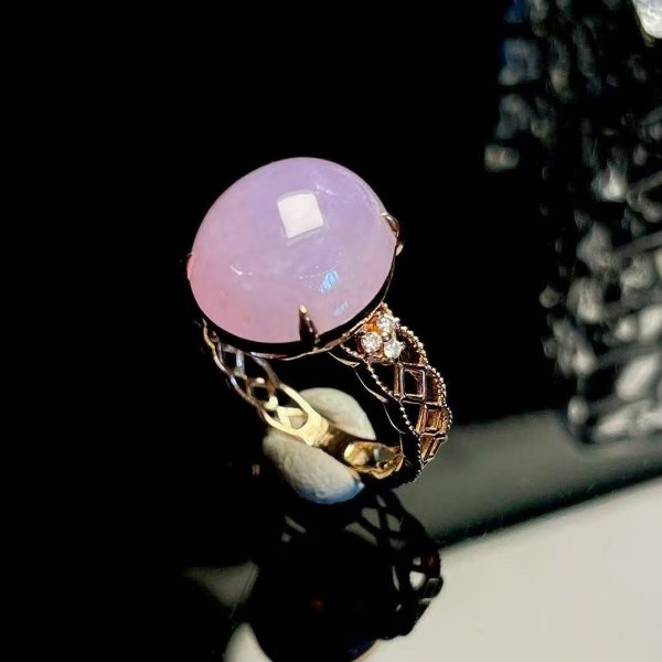 Violet Myanmar Jadeite Bead Rings Adjustable Ring Carved Gemstone Natural Burmese Jade Stone Charm Amulet Rose Gold Plated