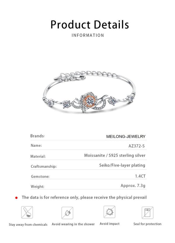AZ372-S Fashion Fine Luxury Classic Moissanite Rose Flower Bracelets For Women s925 Sterling Silver Party Wedding Jewelry - Image 6