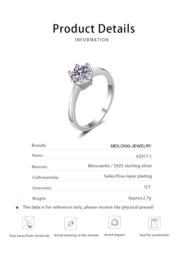AZ017-J  D Color VVS1 EX Moissanite Ring 1ct Round Moissanite Diamond Solitaire Engagement 925 Plated Sterling Silver Ring - Image 7