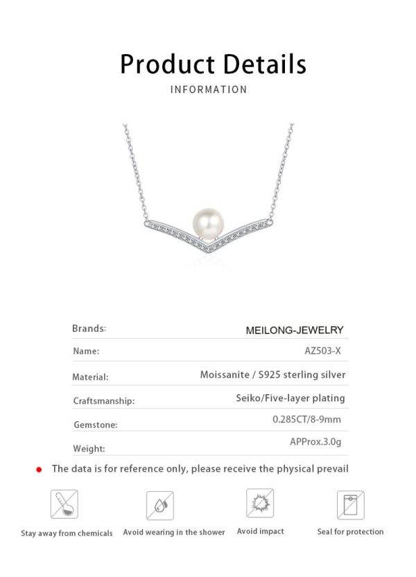AZ503-X Designer V Shaped PT950 Platinum Women's Necklace Moissanite Diamond Flawless Natural Freshwater Pearl Pendant for Birthday Gift - Image 6