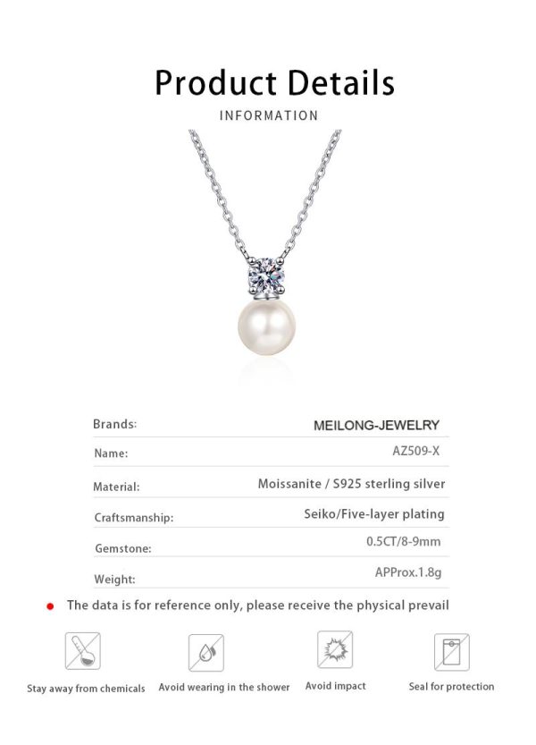 AZ509-X Classic White Gold 18K Luxury 0.5 Carat Real Moissanite Diamond Necklace for Women Wedding 8mm Pearl Pendant Natural Freshwater - Image 6