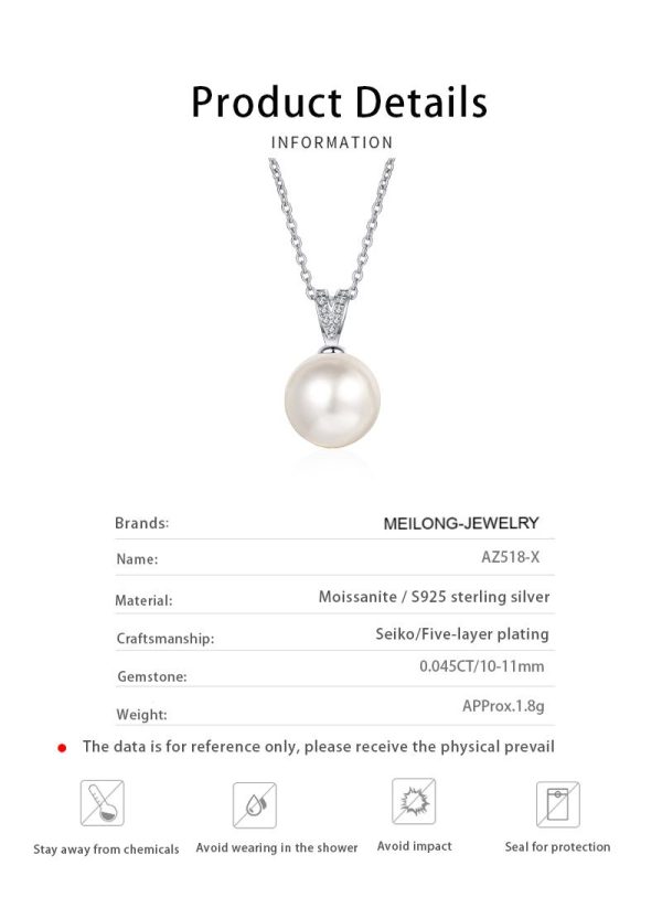 AZ518-X S925 Sterling Silver Collarbone Chain for Women 10mm Flawless Freshwater Pearl Moissanite Necklace for Women - Image 6