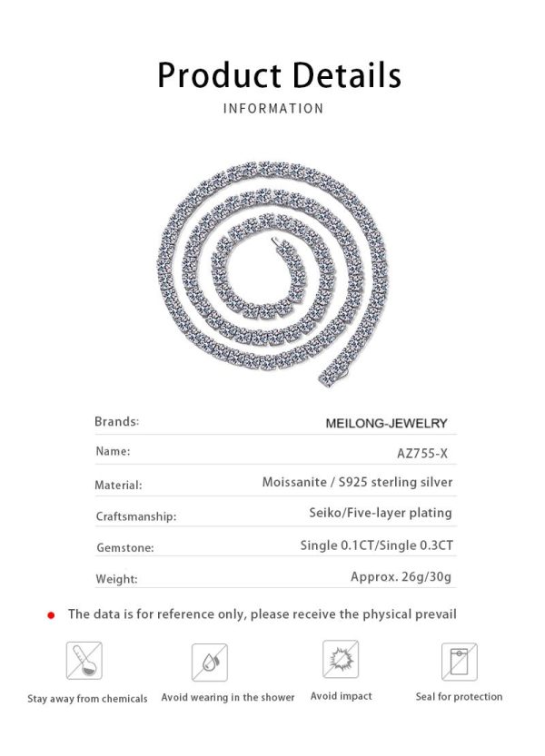 AZ755-X Rhodium Plated 4/3mm All Moissanite Tennis Necklace for Women Simulated Diamond Party Jewelry 925 Sterling Silver Pendant - Image 6