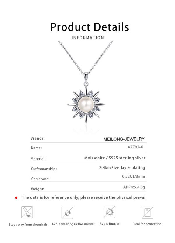AZ792-X S925 Sterling Silver Necklace 8mm Pearl 0.3ct Moissanite Sunflower Pendant for Women - Image 6