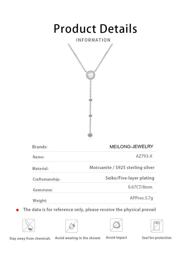 AZ793-X Full Moissanite Pendant Necklace for Women 925 Sterling Silver 8mm Natural Freshwater Pearl Long Tassel Chain Y Shaped Necklaces - Image 6