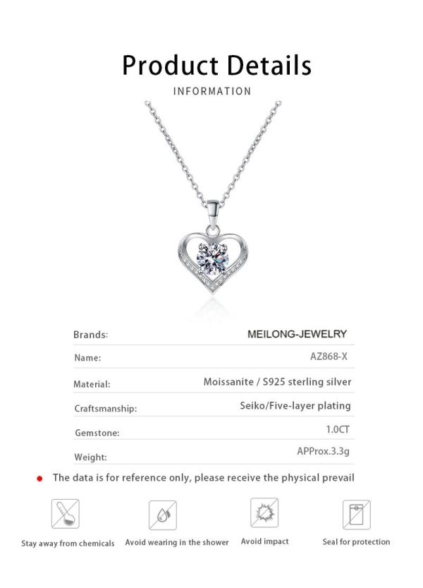 AZ868-X 18K White Gold Platinum Pt950 1 Carat Moissanite Necklace for Women Love Heart Pendant Luxury Collarbone Chain for Girlfriend - Image 6