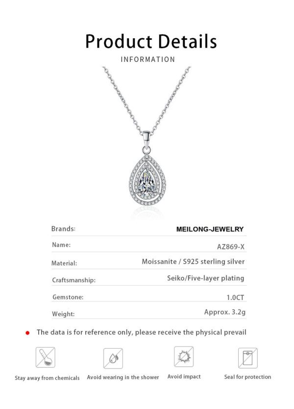 AZ869-X  1ct Pear Cut Moissanite Pendant Necklaces for Women Sterling Silver 925 with White Gold Plated Water Drop Necklace GRA - Image 6