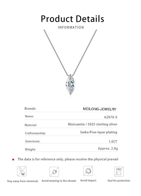 AZ878-X 1CT Marquise Cut Moissanite Necklace for Women Box Chain 5*10mm Stone S925 Sterling Silver Pendant Lab Diamond Jewelry - Image 6