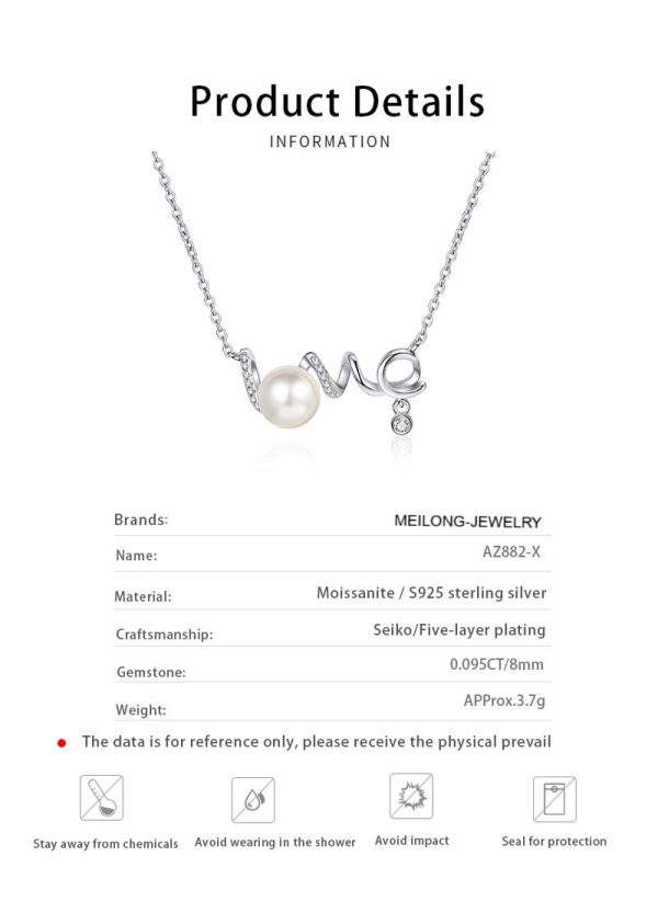 AZ882-X Luxury Cultured Freshwater Pearl Necklace for Women Anniversary Engagement 925 Silver Moissanite LOVE Pendant Jewelry Gifts - Image 6