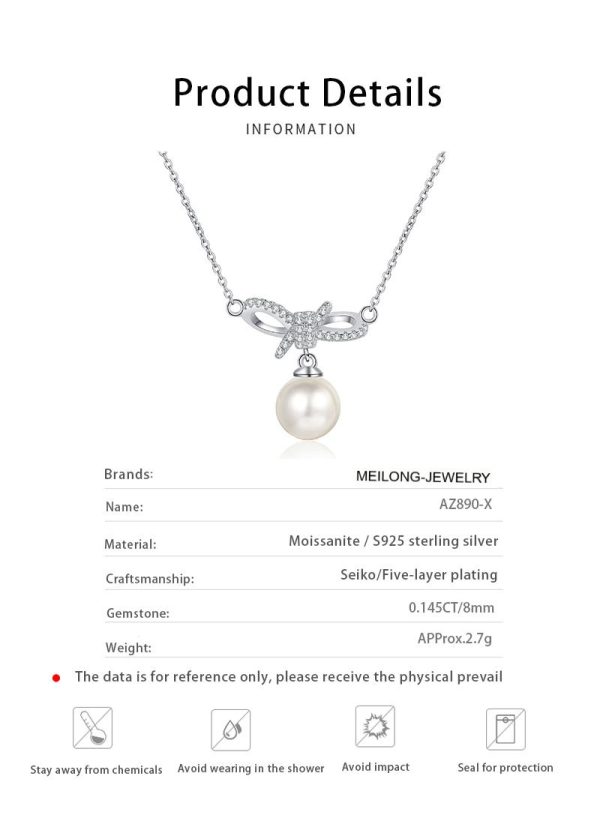 AZ890-X 18K Gold Moissanite Pearl Necklace Bow Sweet Pendant Cute Female Clavicle Chain Plated PT950 Platinum - Image 6