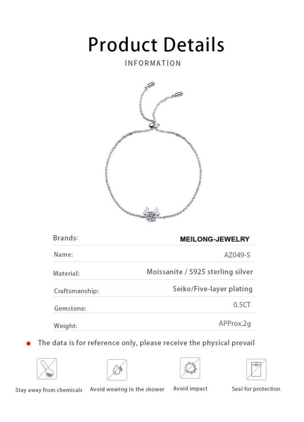 AZ049-S  Sterling Silver S925 Hypoallergenic 0.5ct Moissanite Deer Head Women's Versatile Bracelet Personalized Simple Versatile Antlers - Image 6