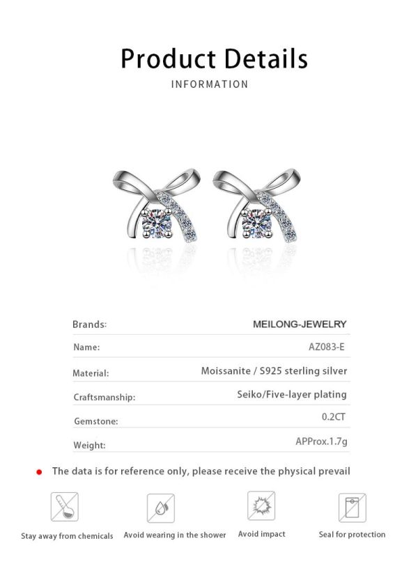 AZ083-E Moissanite Bow Stud Earrings 925 Sterling Silver Plated Pt950 Gold Four-claw Stud Earrings School Girl Wild Model - Image 6