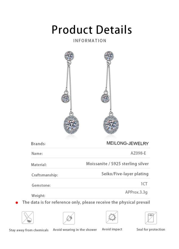 AZ098-E 1CT Moissanite Long Drop Earrings For Women 925 Sterling Silver Brilliant Lab Diamond Brides Bridesmaid Dangling Earrings - Image 6