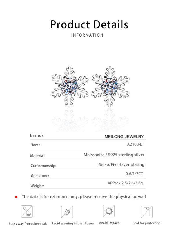 AZ108-E Test Passed Moissanite Stud Earrings Women Snowflake Earring 925 Sterling Silver Plated Rhodium Sparkly Fine Jewelry Gift - Image 6