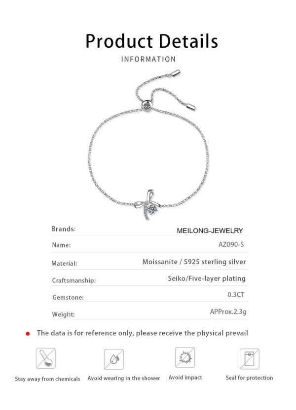 AZ090-S Fashion Fine Luxury Classic 0.3ct Moissanite Letter Bowknot Dangle Bracelet For Women 925 Silver Party Jewelry Gift - Image 6