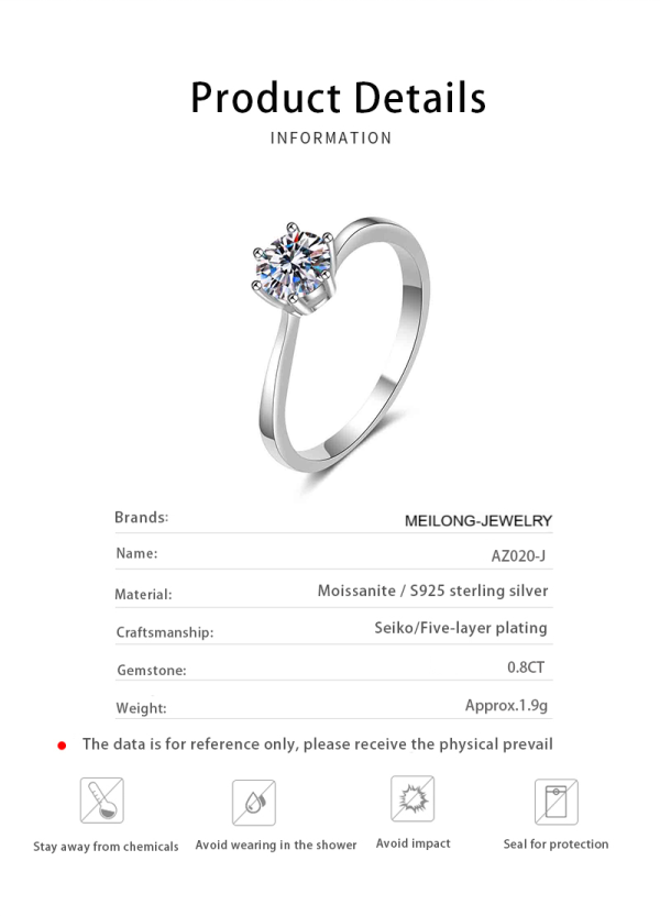 AZ020-J 925 Silver 0.8 Carat Moissanite Ring Fashion Sparkling Gorgeous Jewelry Gift Suitable for Wedding Party Mother's Day - Image 6