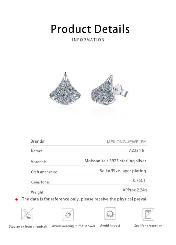 AZ234-E Elegant Fan-Shaped Stud Earrings with Moissanite Decor, Jewelry, Ideal Choice for Gifts 925 sterling silver earrings for women - Image 6