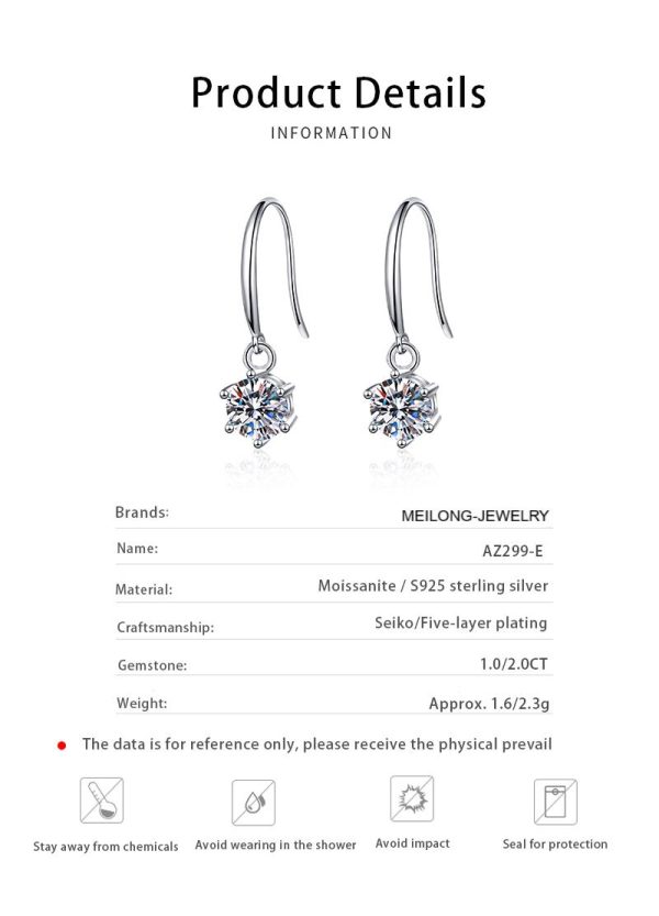 AZ299-E Sterling Silver Lab Diamond Drop Earring Women Round Cut Moissanite Ear Hook Earrings D Color GRA Certificated Jewelry - Image 6