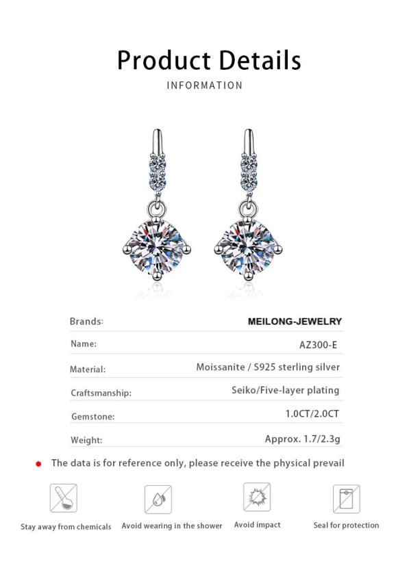 AZ300-E 1carat 2CT Round Moissanite Earrings For Women 925 Sterling Silver Ear-Drops Luxury Fine Jewelry Pass Diamond Tester - Image 6